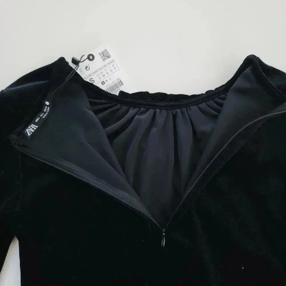 Zara Velour Ruched Midi Dress Womens Small Black NWT Asymmetrical Long Sleeve